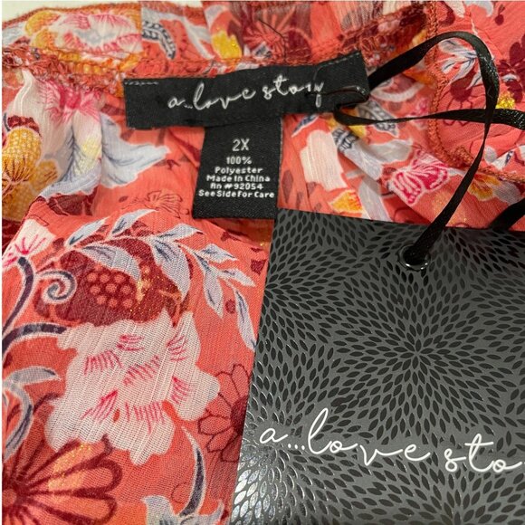 A Love Story Coral Floral Glitter Blouse Ruffle Neck 2X Boho Romantic NWT - Picture 3 of 9